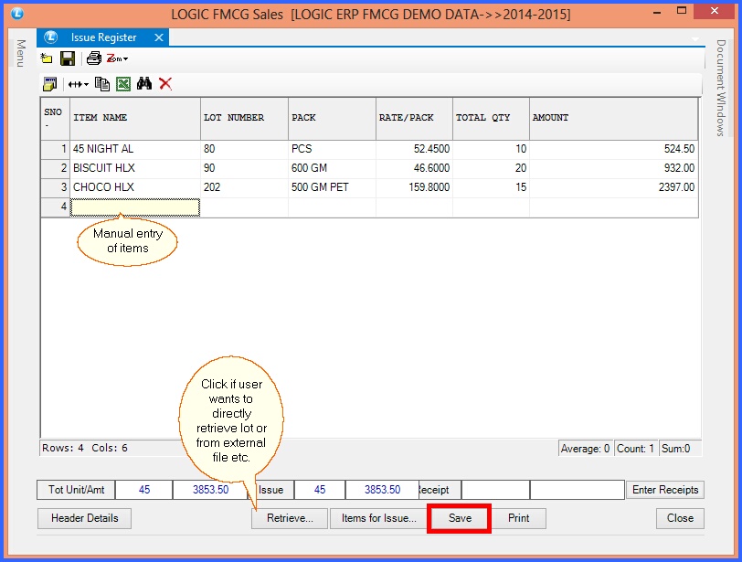 fmcg issue register item details